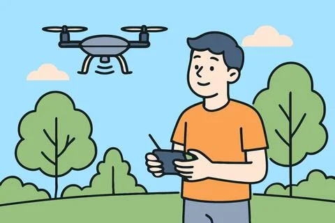 Young man flying a drone in a park on a sunny day Ilustración de archivo