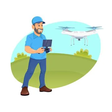 A young man flying a drone with remote control. Caucasian man operating a drone Stock Illustration