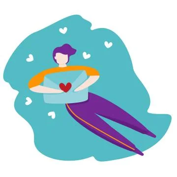 Young man flying with love letter. Flat style faceless vector illustration. Stock Illustration