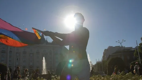 Young Man Flying a Rainbow Flag in a Gay Pride LGTB demonstration in Madrid Video stock 114183078