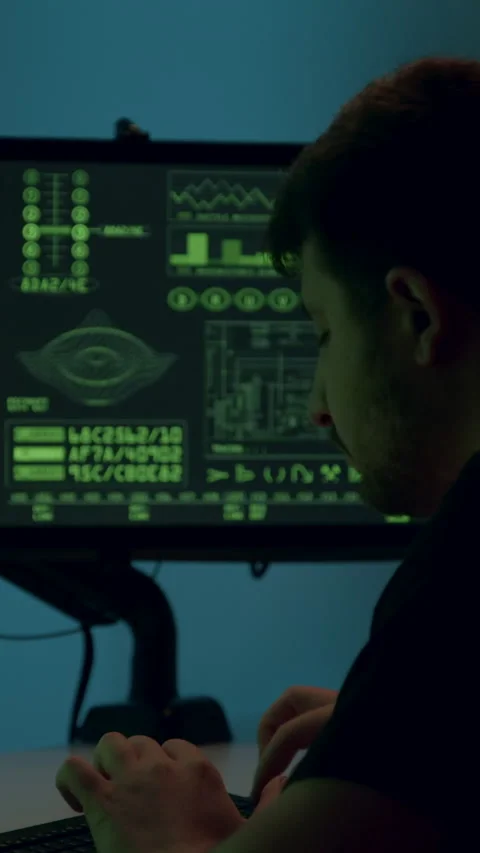 Young man focused on computer screens displaying coding and data analysis Stock Footage 313926486