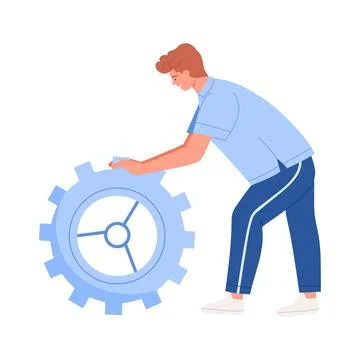 A Young Man Focused on Engaging with a Complex Gear Mechanism Illustrated in 스톡 일러스트