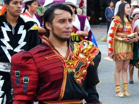 Young man folk dancer represents Bolivian dance at the parade Foto stock