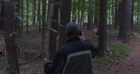 Young man in a forest capturing nature with his smartphone. Filmed in 4K UHD. Stock Footage 313948890