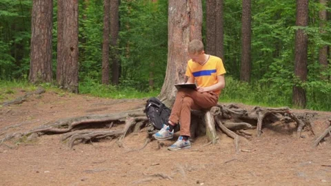 A young man in the forest sits and paints a picture with a pencil. Stock Footage 92310819