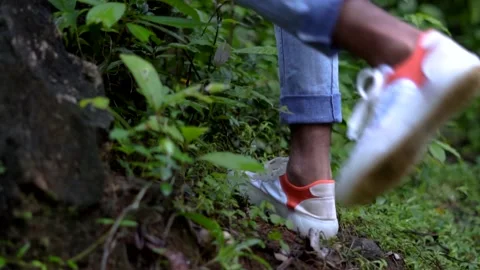 Young man in forest walking on rocks woods with backpack concept travel tourism Video stock 131563059