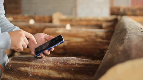 Young man forestry engineer touch phone in front of wood Stock Footage 65318821