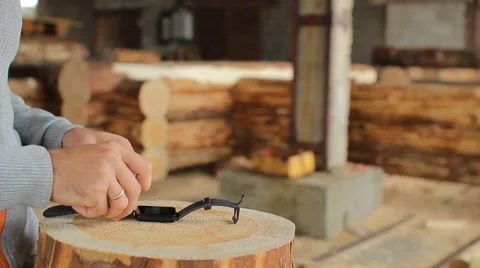 Young man forestry engineer touch smart watch in front of wood Stock Footage 65319799