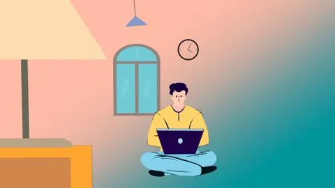 Young man freelancer using laptop working from home in internet, enjoying Stock Illustration