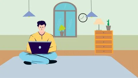 Young man freelancer using laptop working from home in internet, enjoying Stock Illustration