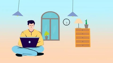 Young man freelancer using laptop working from home in internet, enjoying Stock Illustration