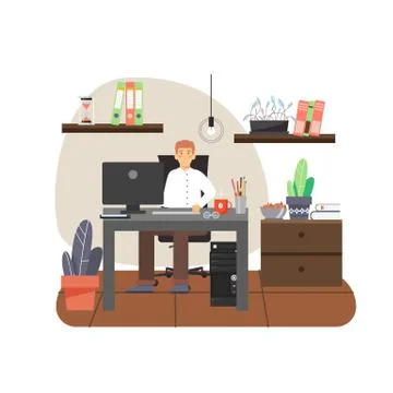 Young man, freelancer working on computer from home office sitting at table Stock Illustration