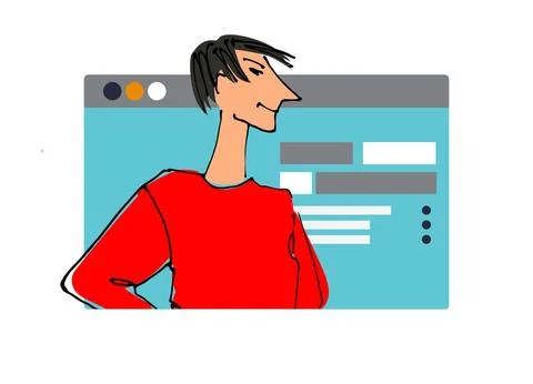 Young man in front of a computer screen. Flat style, isolated vector element Stock Illustration