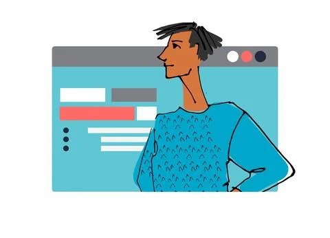 Young man in front of a computer screen. Flat style, isolated vector element Illustrazione stock