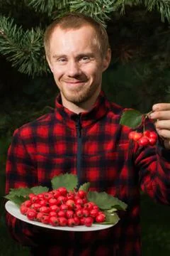 Young man with the fruit of hawthorn Stock Photos