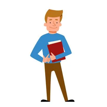 A young man in full height stands with documents in his hand. Stock Illustration