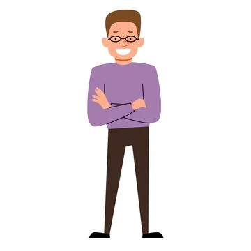 A young man with full-length glasses stands with his arms folded. Stock Illustration