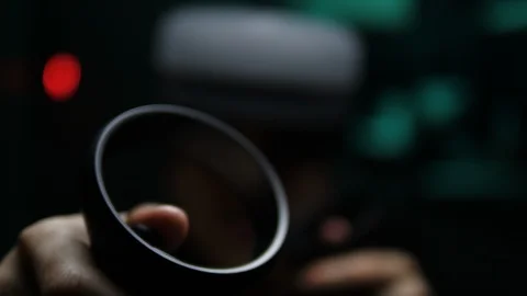 Young man gamer playing in Virtual Reality with VR Controllers in dark room Stock Footage 112760399