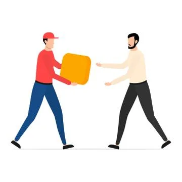 Young man getting order yellow parcel. Illustrazione stock