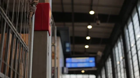 Young Man getting train ticket stamped on platform with signs behind Stock Footage 67536152