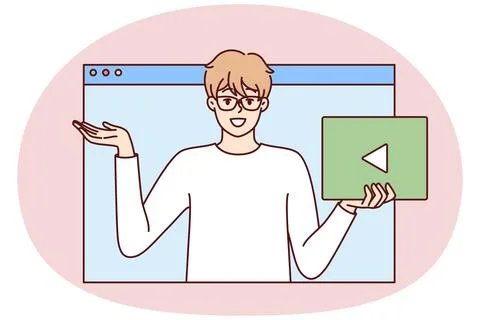 Young man in glasses with play button in hand looks out of web browser window Stockillustratie