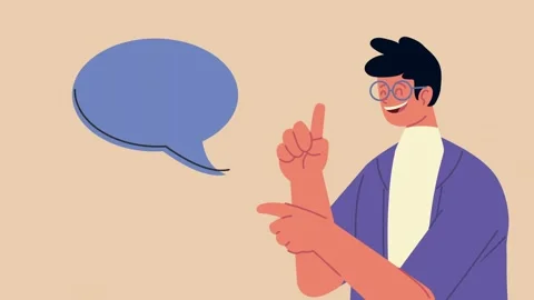 Young man with glasses pointing and talking with speech bubble animation. Stock Footage 334162082