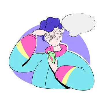 Young Man in Glasses Thinking with Empty Thought Bubble Holding Smartphone Stock Illustration
