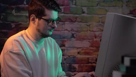 Young Man With Glasses Working on Desktop Computer From 1990's, Typing on 스톡 동영상 301847162