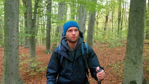A young man goes hiking in the autumn forest. Stock Footage 219800136