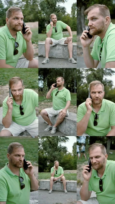 Young man in good mood talking on phone in park. collage, multiscreen . Stock Footage 296200073