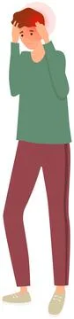 Young man grabs his hands to head, with symptoms of headache. Male character has Stock Illustration