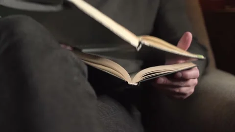 A young man in a gray sweater makes an entry in his diary. armchair. close-up. Video stock 235529721