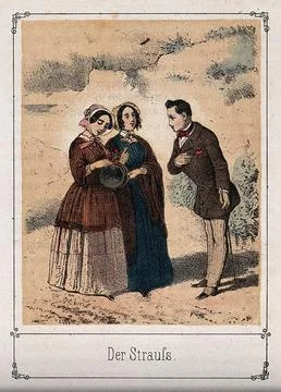 A young man greets two young women. Coloured lithograph. Stock Illustration