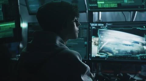 Young man hacking nuclear bomb launch Stock Photos