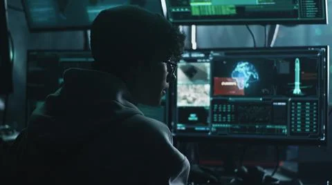 Young man hacking nuclear bomb launch Stock Photos
