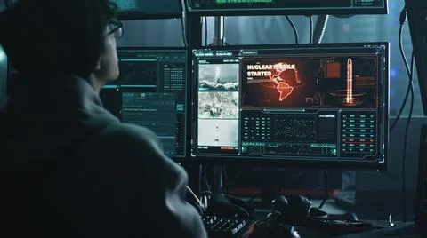 Young man hacking nuclear bomb launch Stock Photos