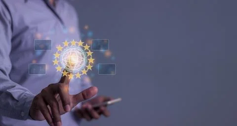 Young man hand using smartphone to Interconnect, Interconnected Concept; Pe.. Stock Photos