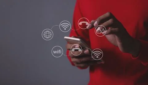 Young man hand using smartphone with to Interconnect, Interconnected Concep.. Stock Photos