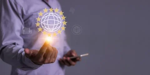 Young man hand using smartphone to Interconnect, Interconnected Concept; Pe.. Stock Photos