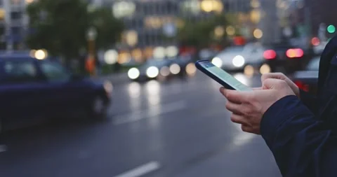 Young Man Hands Using Smartphone in the City. SLOW MOTION 4K. Stock-Footage 140295066