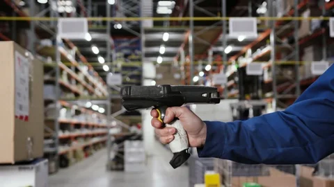 Young man hands worker hold scanner for products cardboard commercial Stock Footage 116997121