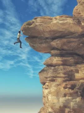 Young man hanging from a cliff Stock Illustration