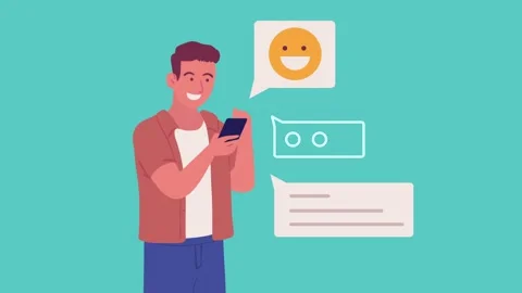 Young man happily texting on smartphone with chat bubbles and emoji appeari.. Vídeo Stock 333721405