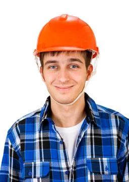 Young Man in Hard Hat Foto stock