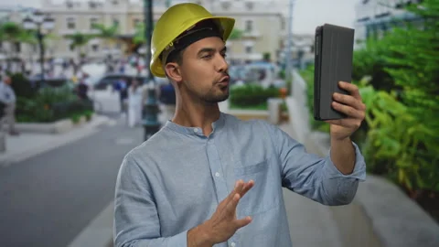 Young man in hardhat making video call on city street using tablet showcasi.. Stock Footage 315079901