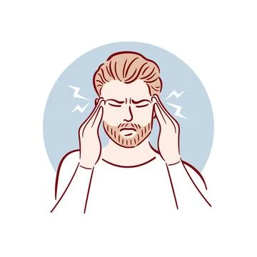 A young man has a headache. A man with a beard is holding his temples, having a Stock Illustration