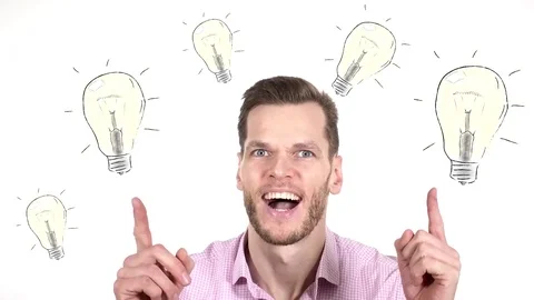 Young Man has many ideas isolated on white background - many light bulbs pop up Stock Footage 84063318
