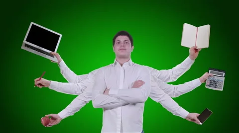 Young man has multiple hands on green background Stock Footage 59944333