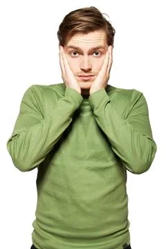 Young man has a problem, he's worried. Photos