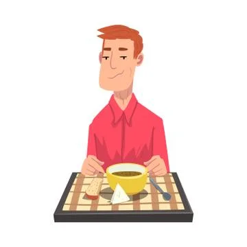Young Man Having Dinner, Cheerful Guy Sitting at Table with Checkered Tablecloth Stock Illustration